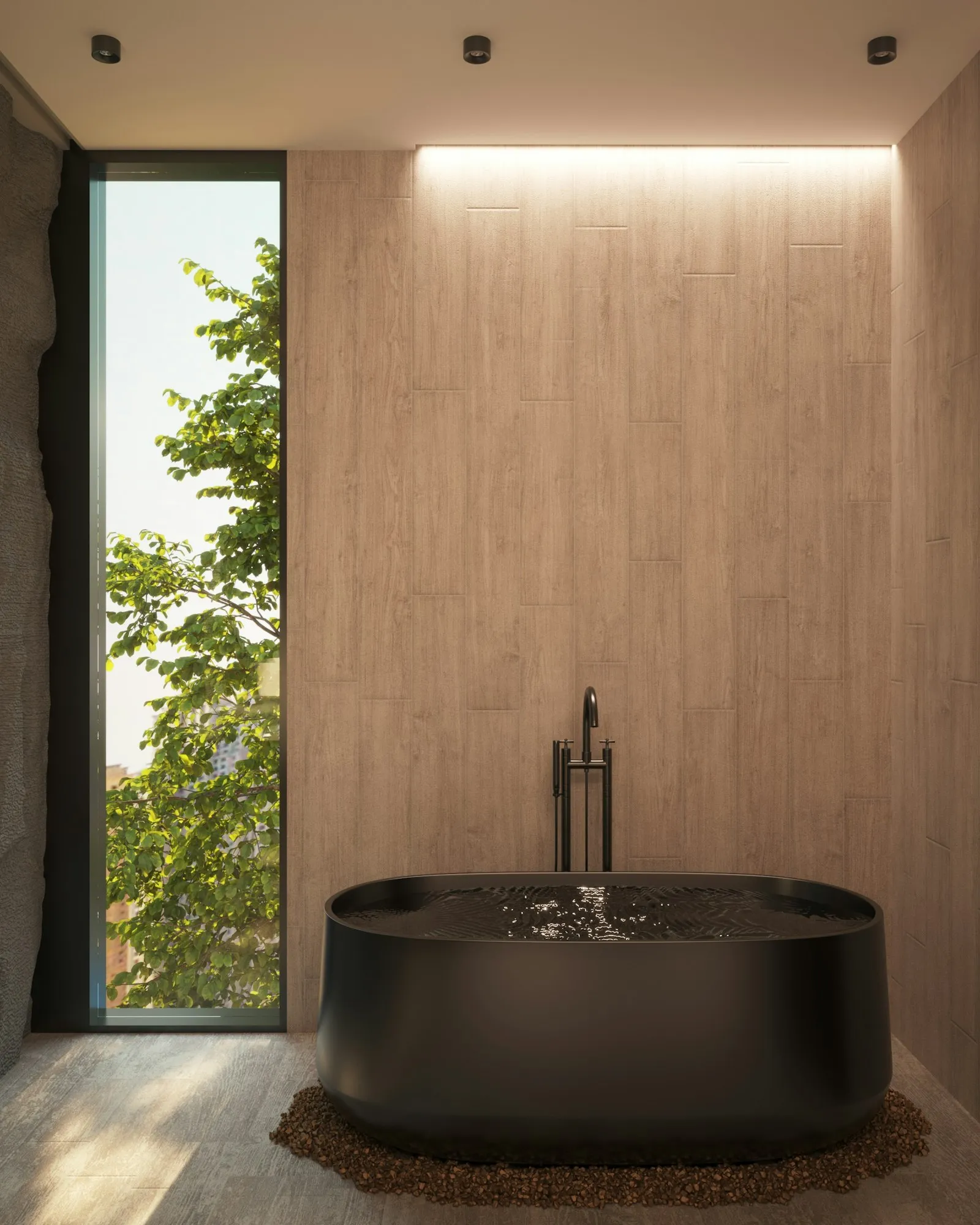 Kamar mandi dengan dinding keramik gelap, bathtub putih, dan lantai keramik rapi